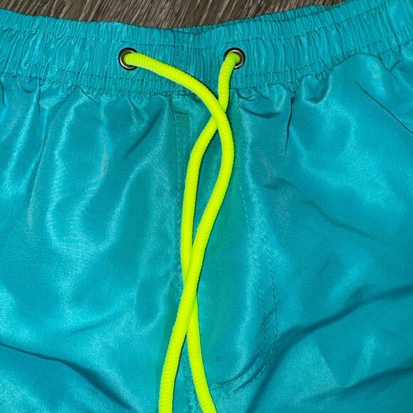 Small Teal Swim Trunks Board Shorts‎ Mesh Liner Pockets Neon Drawstring - Picture 2 of 5